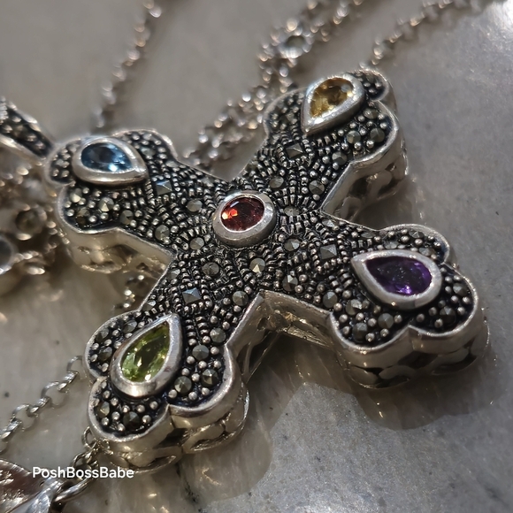 Sterling Silver Marcasite Multi-Gemstone Cross Pendant Necklace – 30" Chain - Picture 14 of 15